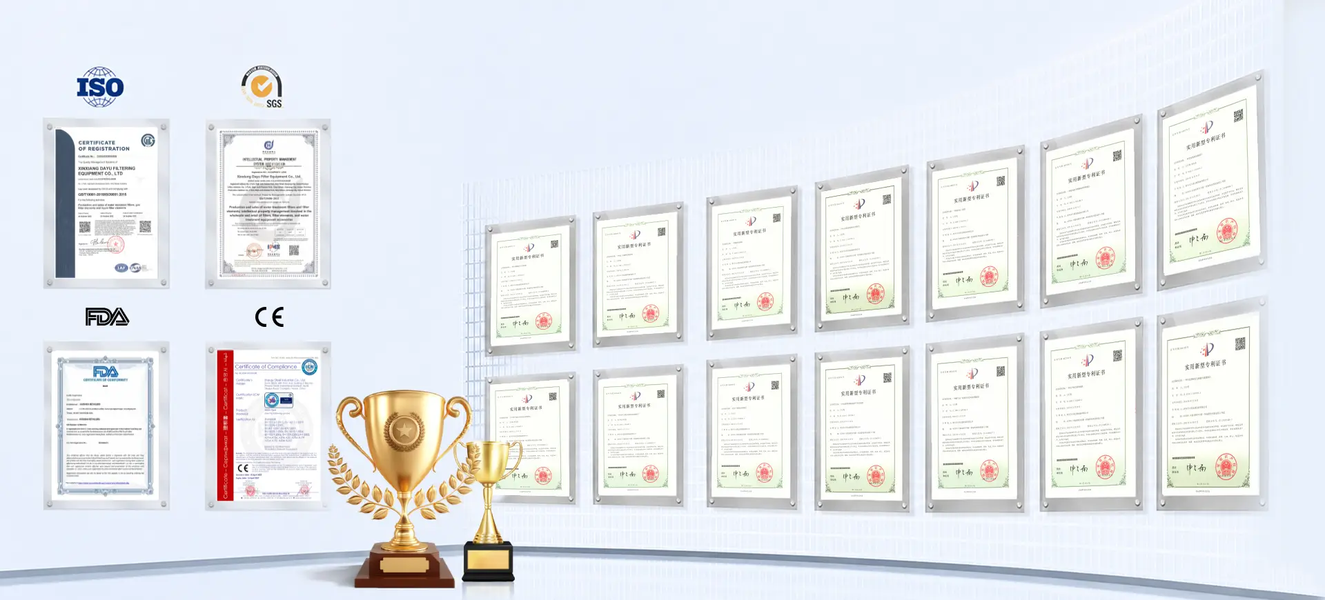 Dayu qualification wall: ISO, SGS, FDA, CE certificates and utility model patents